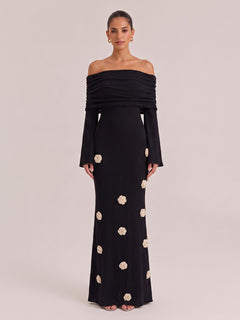 Black Off-shoulder Pleated Long Sleeve Three-dimensional White Flower Slim Fishtail Long Dress