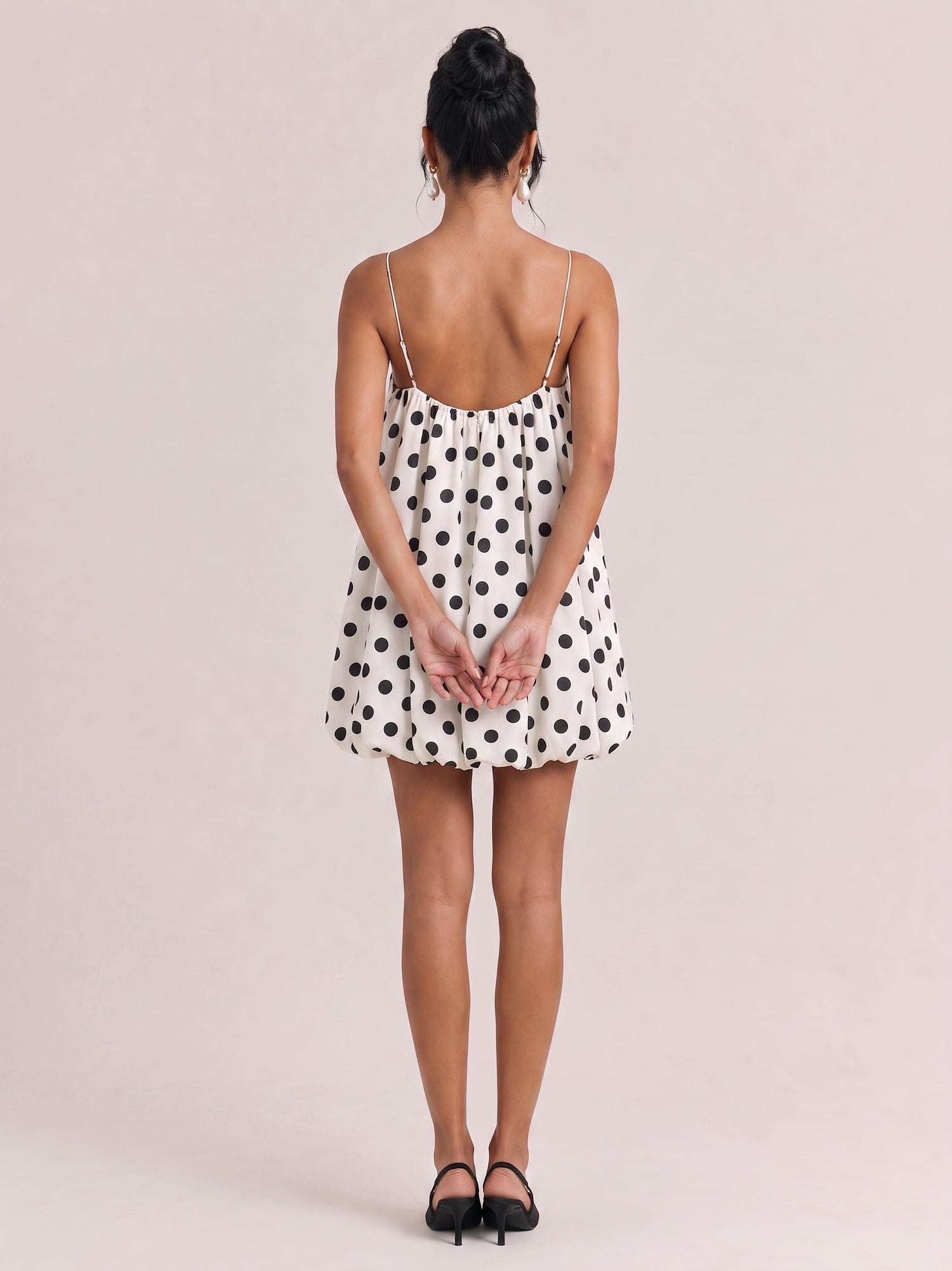 White Black Wave Dot Thin Strap Loose Bud Short Dress