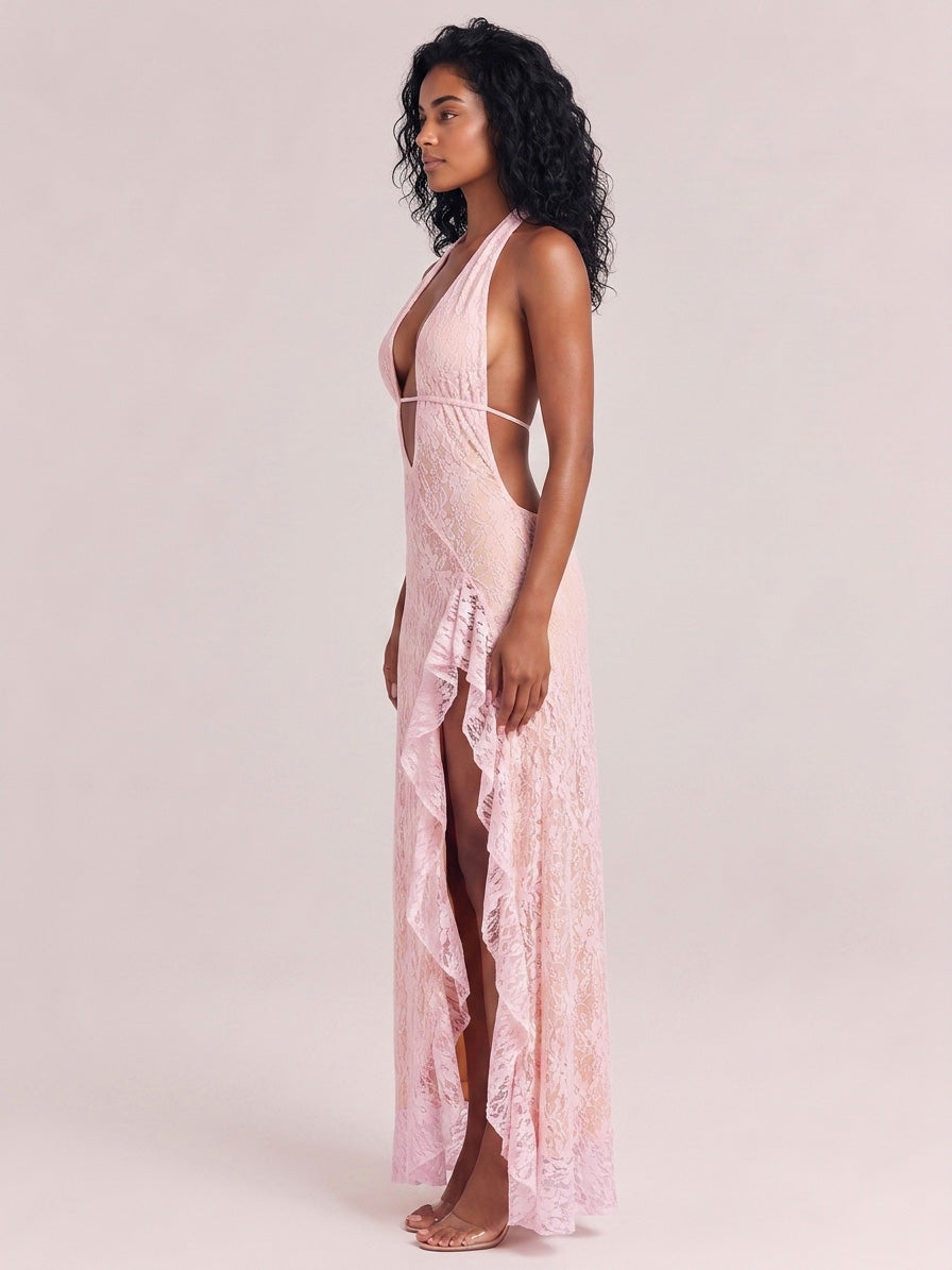 Light Pink Deep V Neck Lace Hollow High Split Irregular Dress