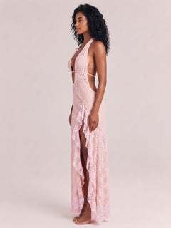 Light Pink Deep V Neck Lace Hollow High Split Irregular Dress