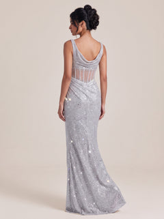Silver Fine Strap Full Diamond Perspective Fishbone Waist High Split Fishtail Evening Dress