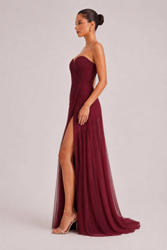 Elegant Strapless Pleated Tulle Maxi Dress