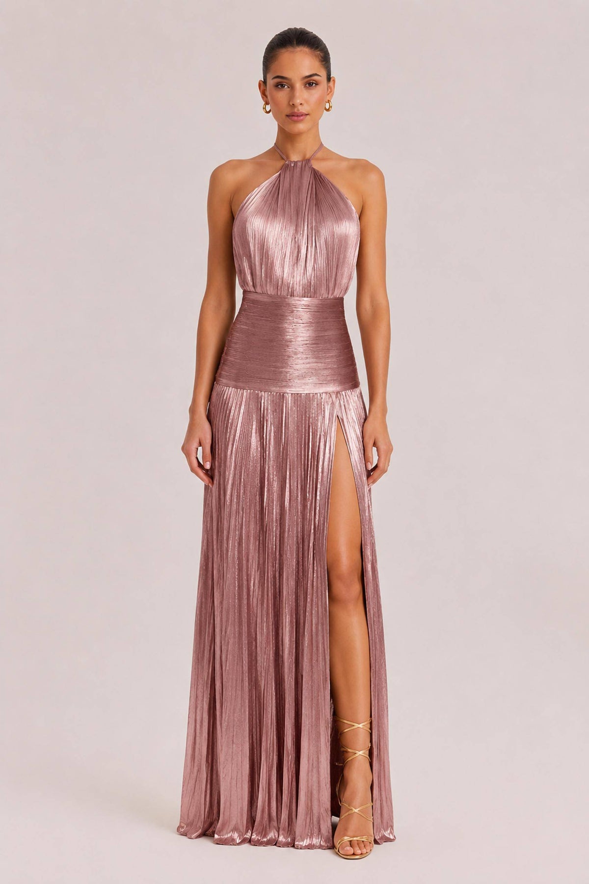 Elegant Metallic Pleated Halter Neck Maxi Dress