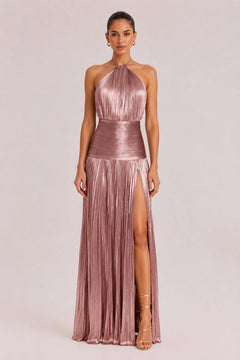 Elegant Metallic Pleated Halter Neck Maxi Dress
