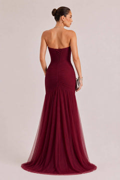 Elegant Strapless Pleated Tulle Maxi Dress