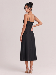 Elegant Black Spaghetti Strap A-Line Midi Dress With Structured Bodice & Flowing Skirt