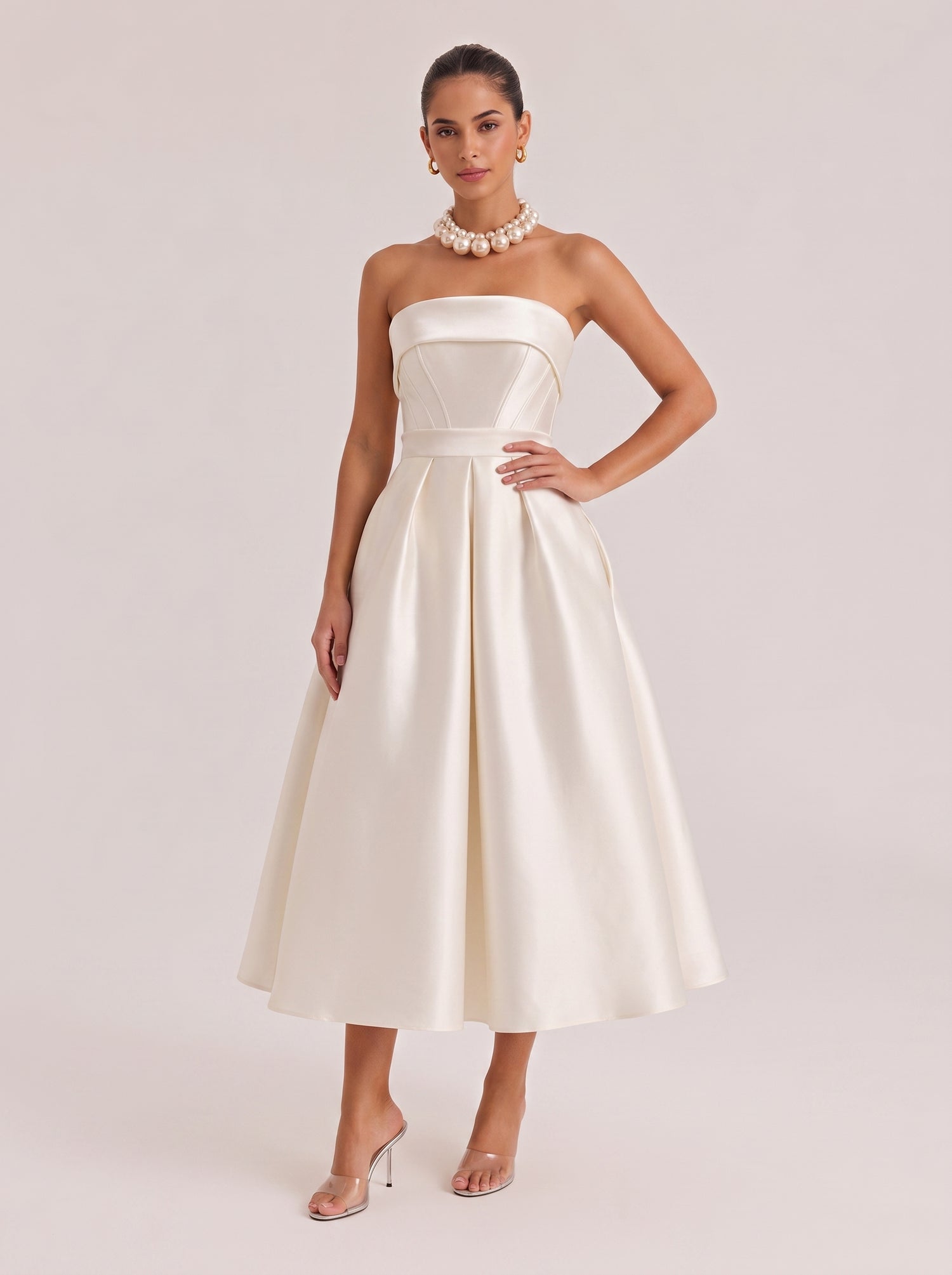 Strapless Fishbone Waisted Satin Mid-Length A- Line Dress