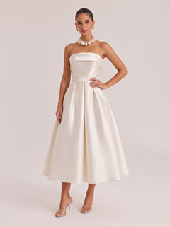 Strapless Fishbone Waisted Satin Mid-Length A- Line Dress