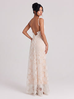 Hanging Neck Three-Dimensional Flower Lace Elegant Long Dress