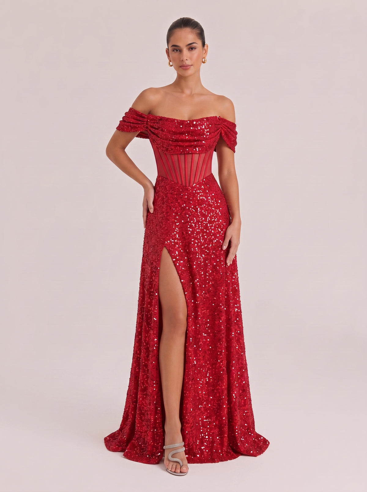Shoulder Fishbone Waist Sequin Split Long Evening Gown