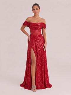 Shoulder Fishbone Waist Sequin Split Long Evening Gown