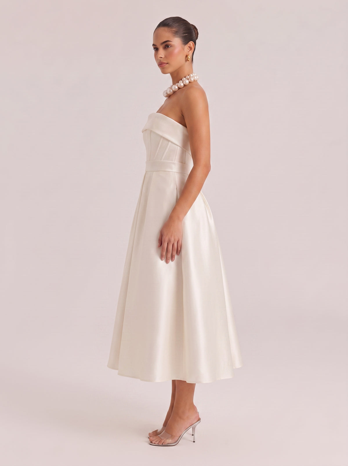 Strapless Fishbone Waisted Satin Mid-Length A- Line Dress