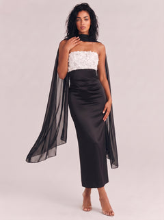 Champagne Ivory Beaded Strapless Mermaid Gown – Detachable Sheer Capelet, Silk-Blend Satin