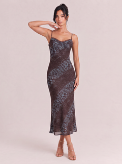 Contrast Leopard-Print Lace Slim-Fit Fishtail Long Dress