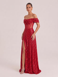 Shoulder Fishbone Waist Sequin Split Long Evening Gown