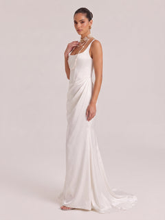 Square Collar Suspenders Fishbone Waisted Pleated Satin Trailing Wedding Dress