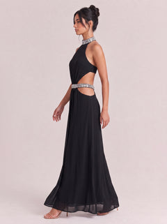 Black Hanging Neck And Diamond Waist Hollow Draping Long Evening Gown