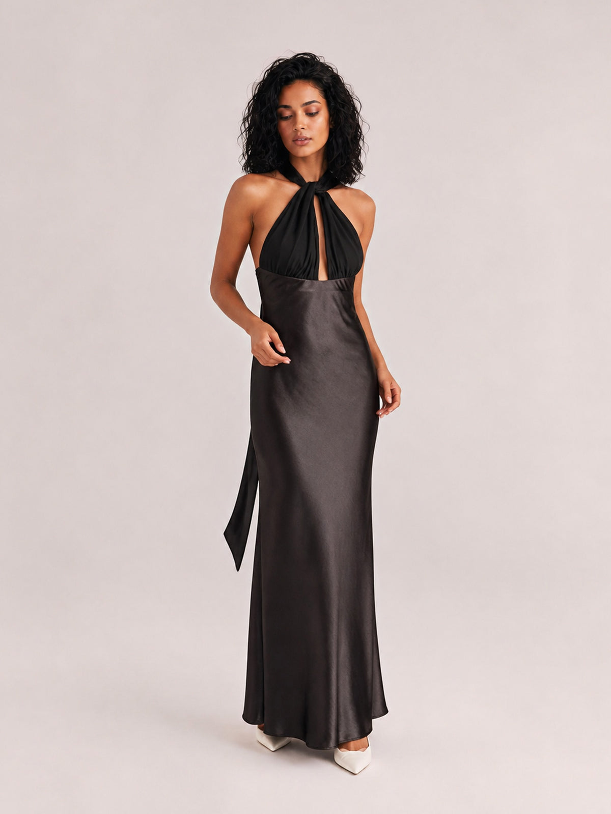 Lustrous Satin Halter Twist Neck Maxi Dress With Side Slit