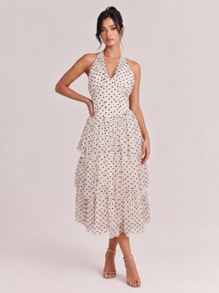 V-Neck Fine Strap Dot Mesh Large Swing Long Dress