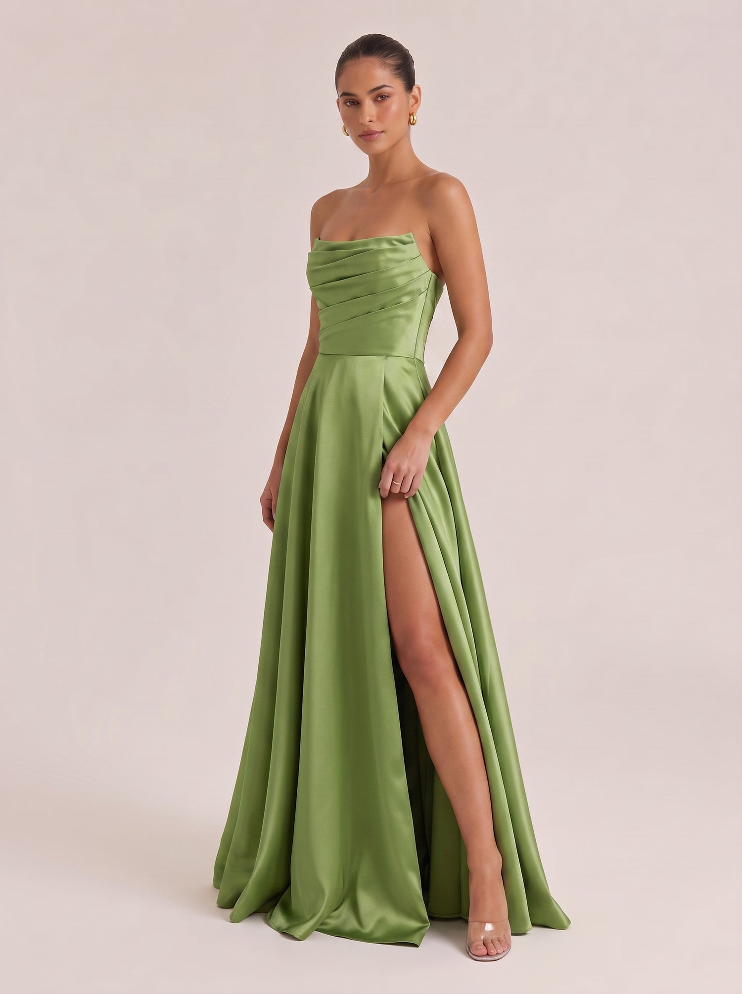 Strapless Pleated High-Waist Split Satin Long Evening Gown