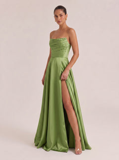 Strapless Pleated High-Waist Split Satin Long Evening Gown