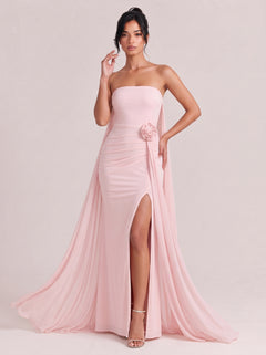Strapless, Three-dimensional Floral Ruched High-slit Mermaid Maxi Gown With Flowing Ribbons