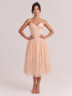 Elegant Champagne Pink Sequin Lace Spaghetti Strap Midi Dress