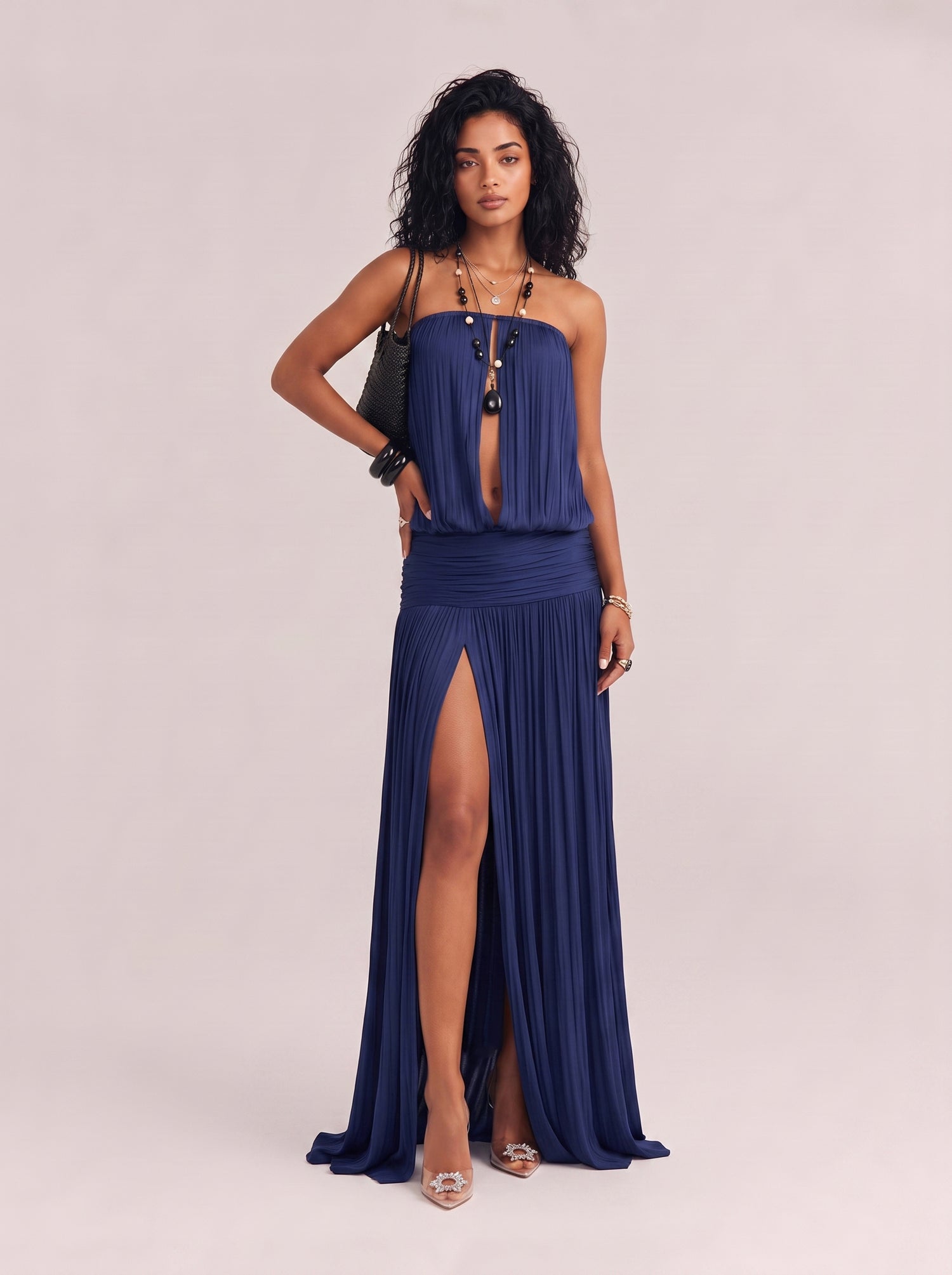 Seaside Hidden Blue Strapless Dress Summer Ribbon Split Holiday Stitching Long Dress