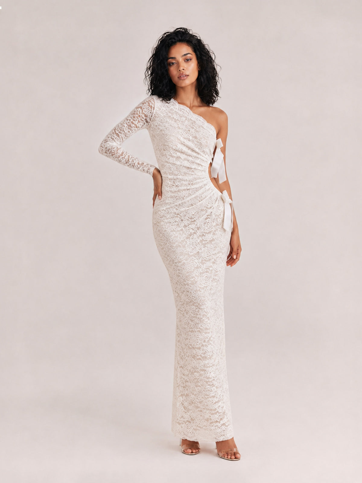 White Lace Shoulder Long Sleeve Cut-out Waist Bow Pleated Fishtail Dress