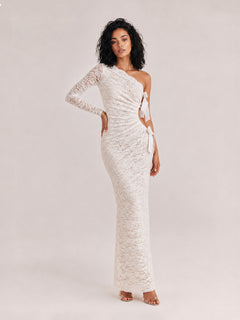 White Lace Shoulder Long Sleeve Cut-out Waist Bow Pleated Fishtail Dress