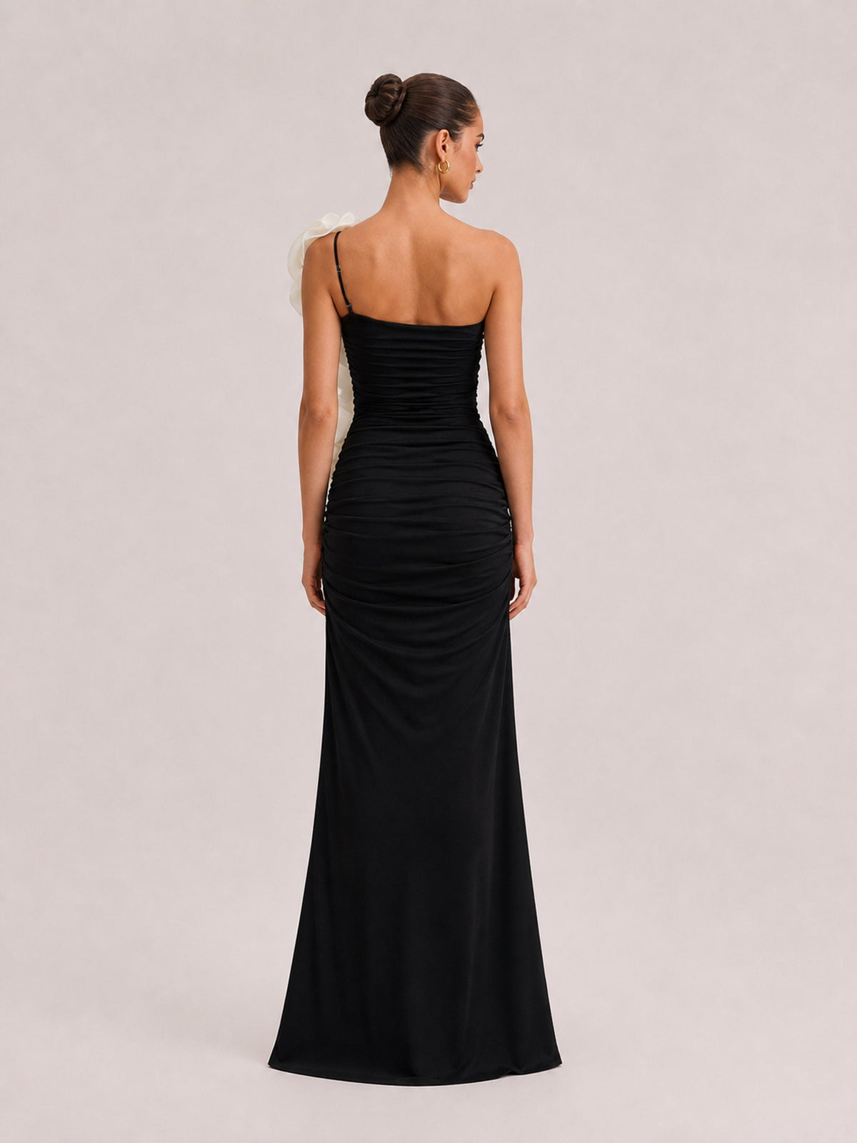 Black Strapless Pleated Stereo White Rose Ruffled High Split Long Dress