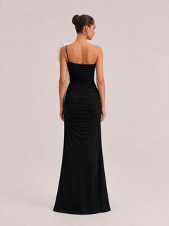 Black Strapless Pleated Stereo White Rose Ruffled High Split Long Dress
