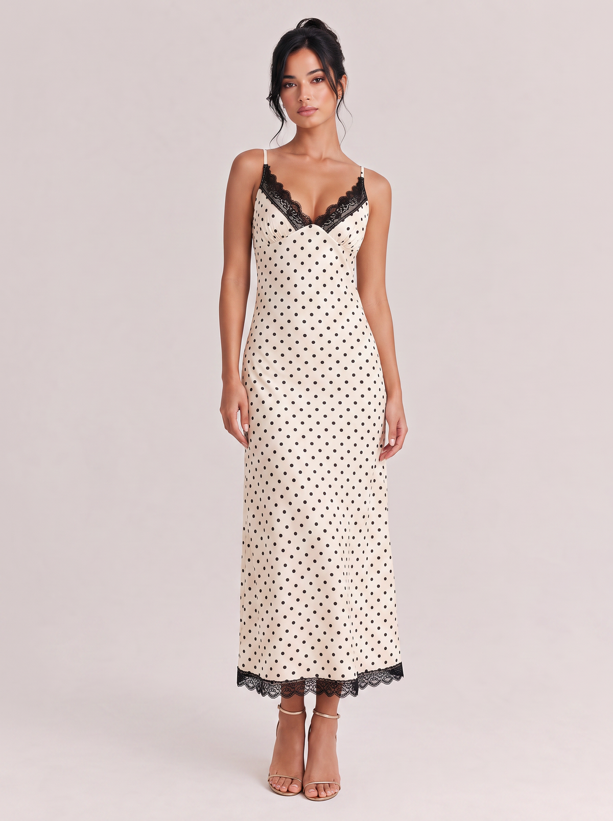 Lace V-Neck Polo-Dot Mid-Length Dress With Tight Waist