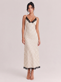 Lace V-Neck Polo-Dot Mid-Length Dress With Tight Waist