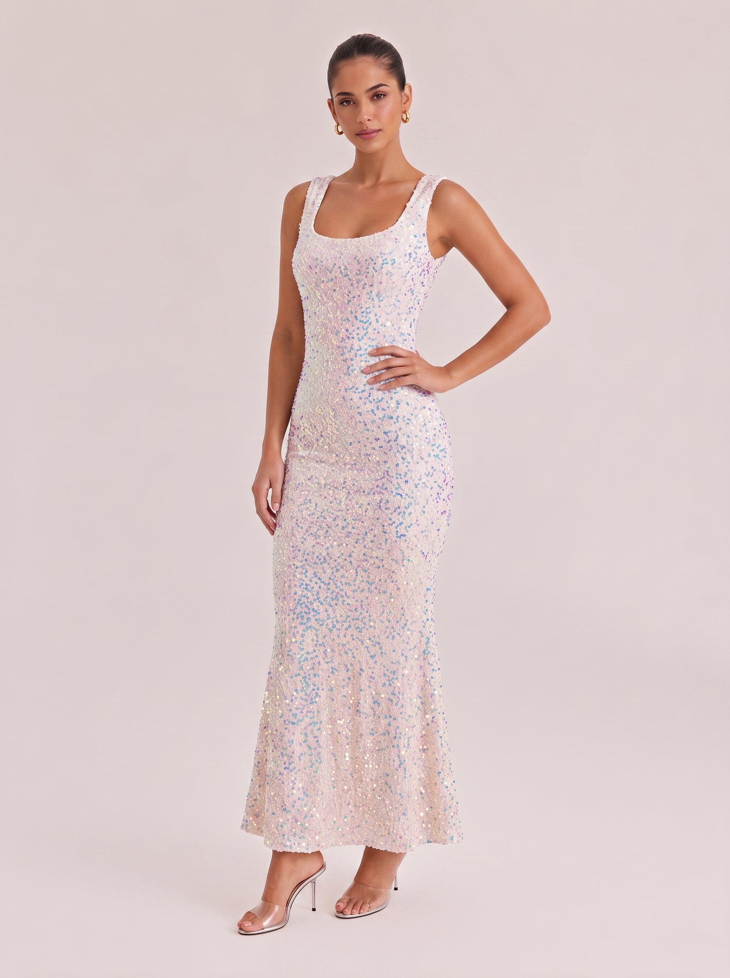 Iridescent Sequin Square Neck Sleeveless Mermaid Maxi Dress