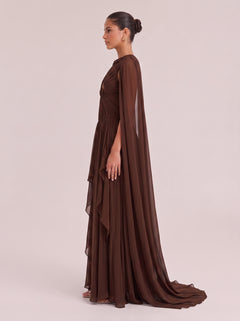 Dark Brown Hollow-out Twisted Pleated Cape Draped Chiffon Long Dress