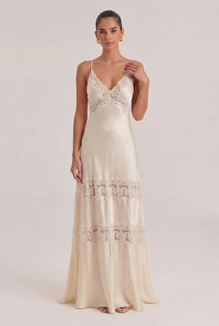 French Retro Satin Lace Stitching Maxi Dress