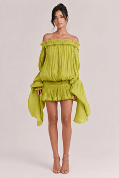 Green Strapless Ruffled Mini Dress