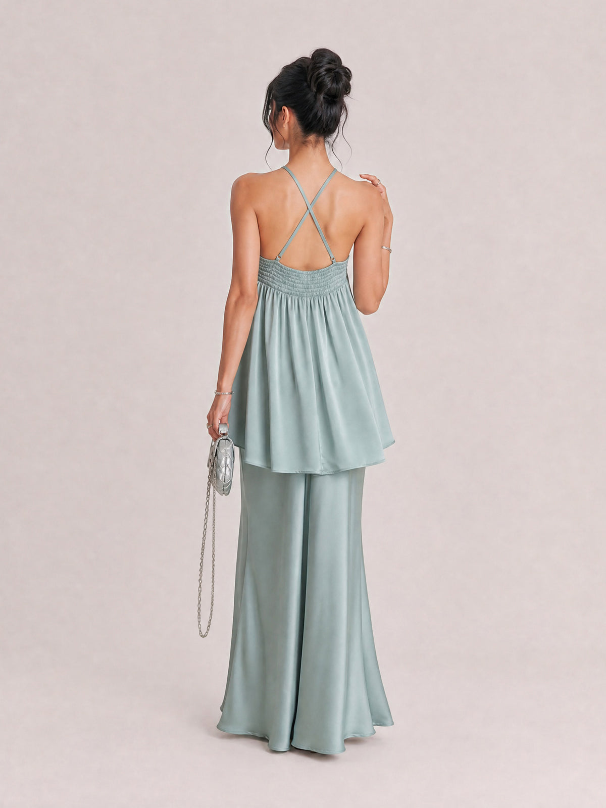 Elegant Satin Halter Neck Maxi Dress With Embellished Bodice