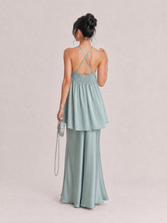 Elegant Satin Halter Neck Maxi Dress With Embellished Bodice
