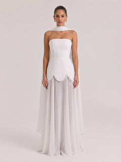 Strapless Shoulder Satin Pearl Stitching Chiffon Long Light Wedding Dress
