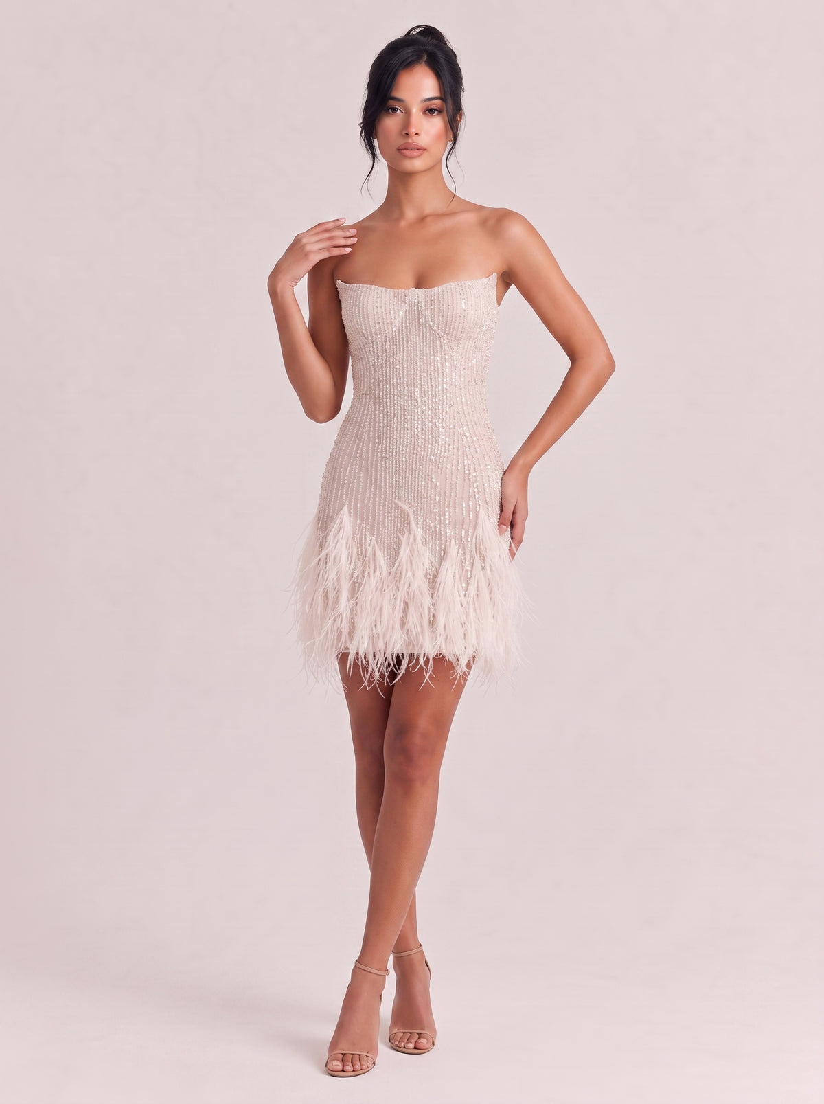 Strapless Beaded Ostrich Feather Short Wedding Dress Party Skirt