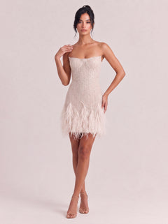 Strapless Beaded Ostrich Feather Short Wedding Dress Party Skirt