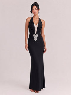Hanging Neck Deep V Rhinestone Waist Look-through Split Slim-fit Black Fishtail Evening Dress