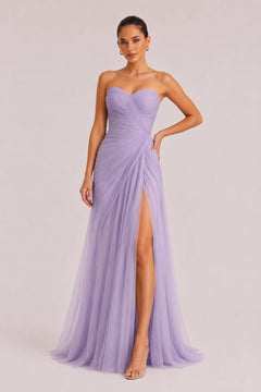 Elegant Strapless Pleated Tulle Maxi Dress