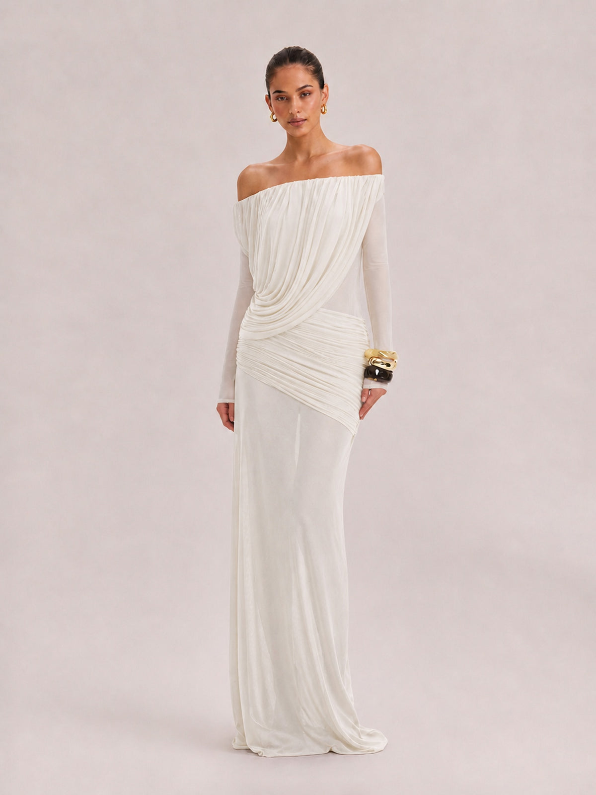 French Vintage Pleated Mesh One-Shoulder Dress