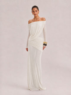French Vintage Pleated Mesh One-Shoulder Dress
