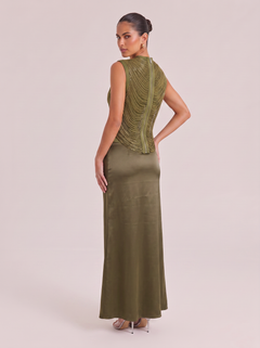 Refined Olive-green Sequined Fringed And Satin-stitched Fishtail Gown With Turtleneck