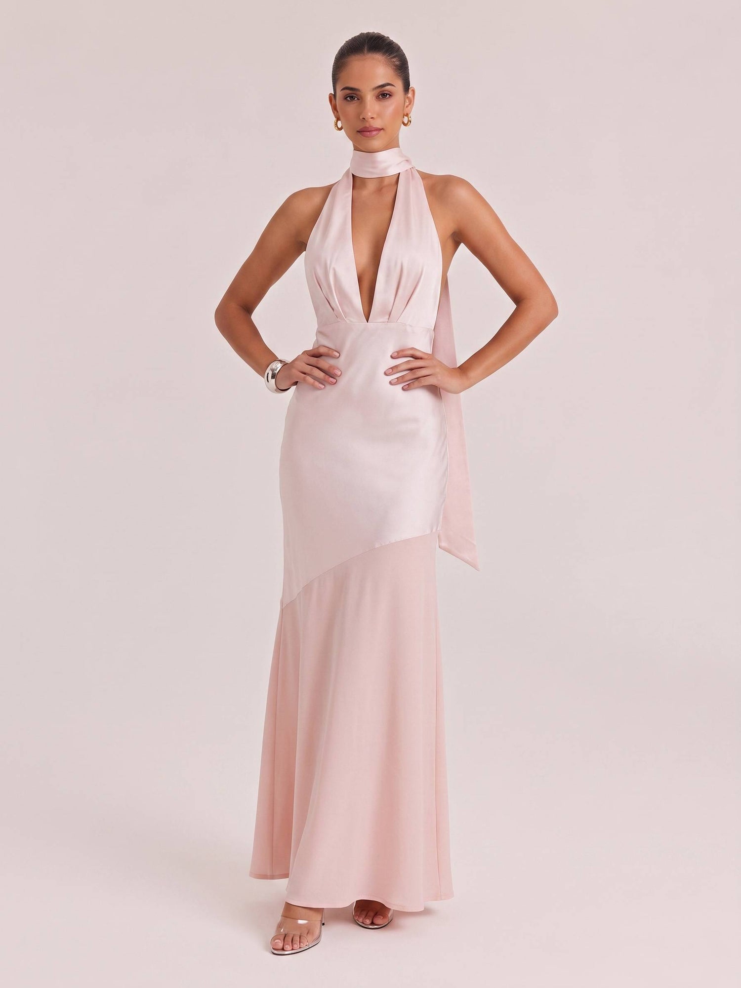 Olive Satin Halter Neck Deep V-Neck Mermaid Evening Gown - Sexy Backless Formal Dress For Party, Wedding & Gala