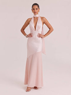 Olive Satin Halter Neck Deep V-Neck Mermaid Evening Gown - Sexy Backless Formal Dress For Party, Wedding & Gala